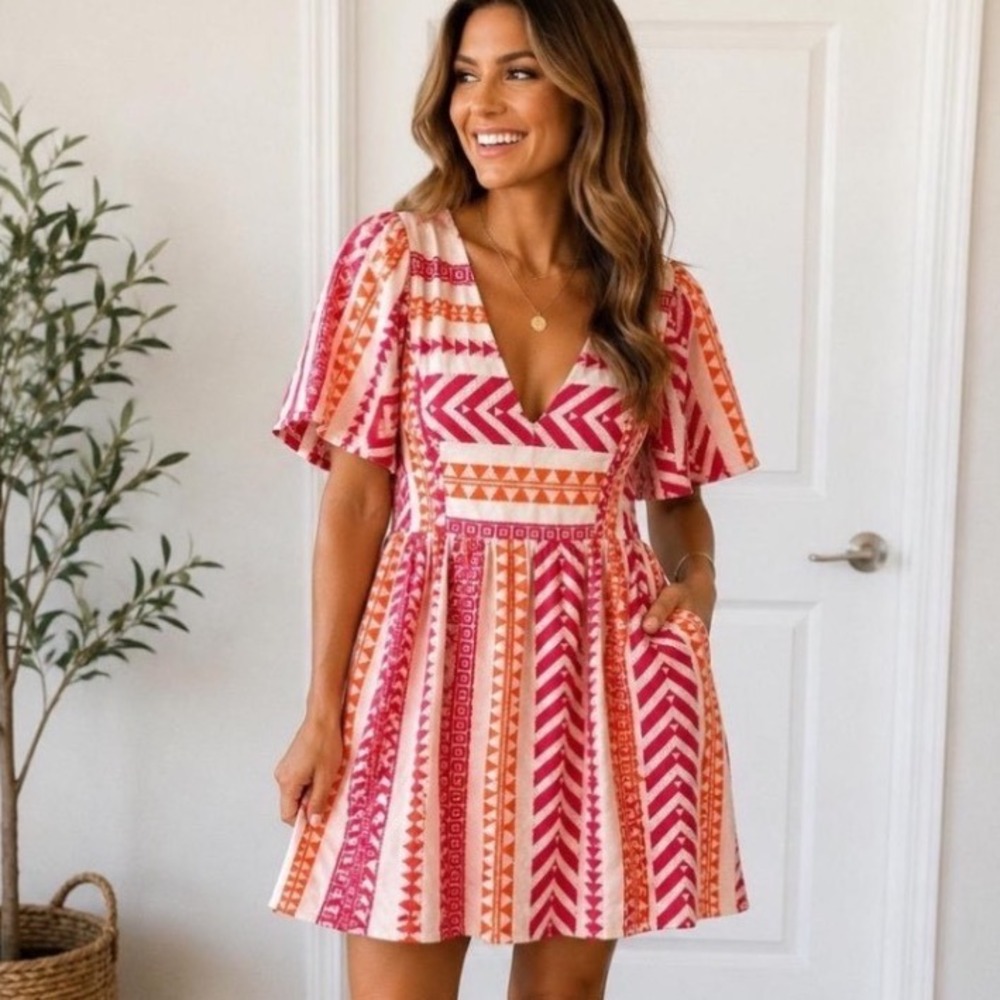 Old Navy Geometric Tribal V-Neck Dress With Pockets Womens Small